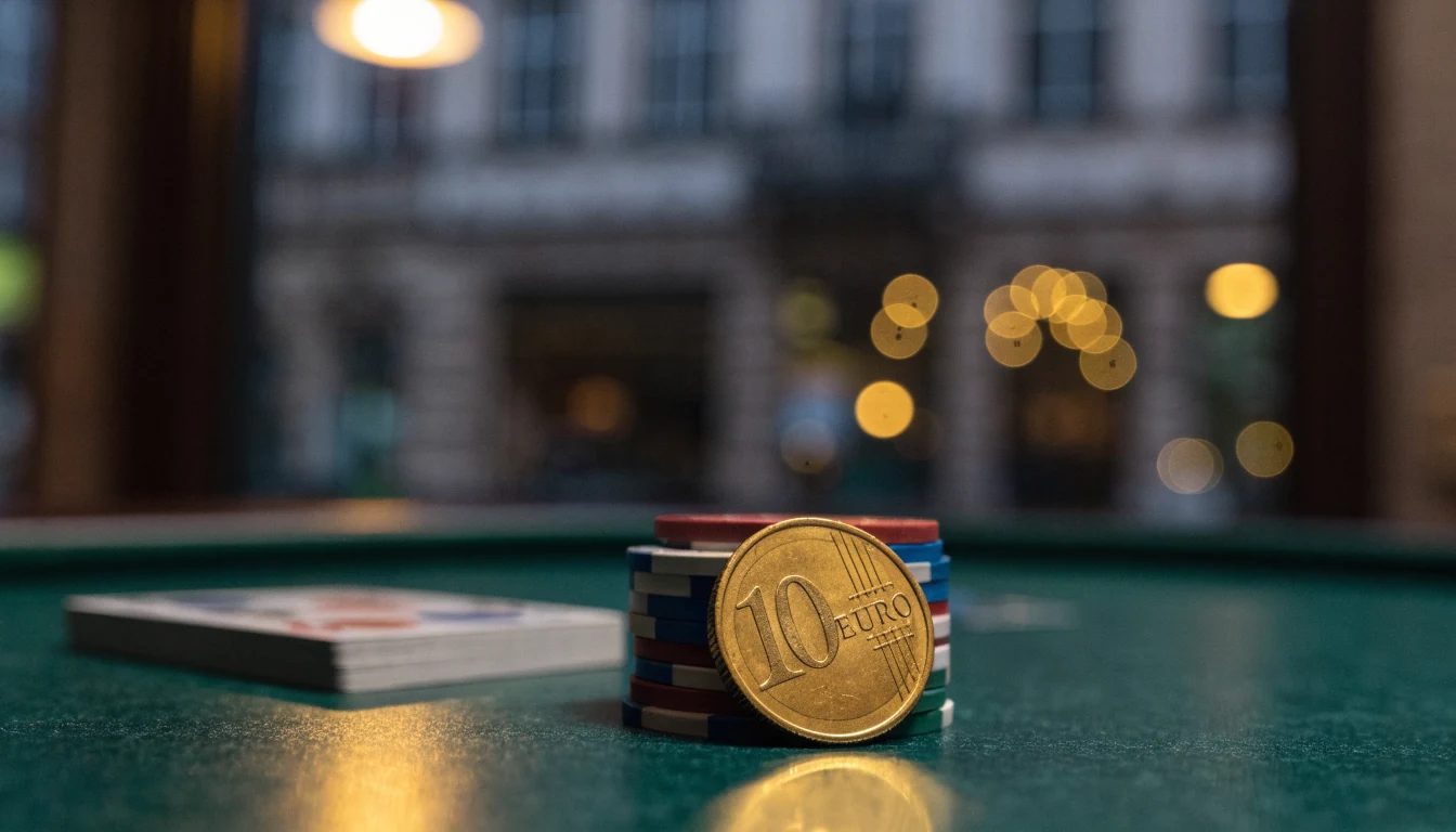 Goldene Zehn-Euro-Münze auf grünem Casinotisch mit Pokerchips
