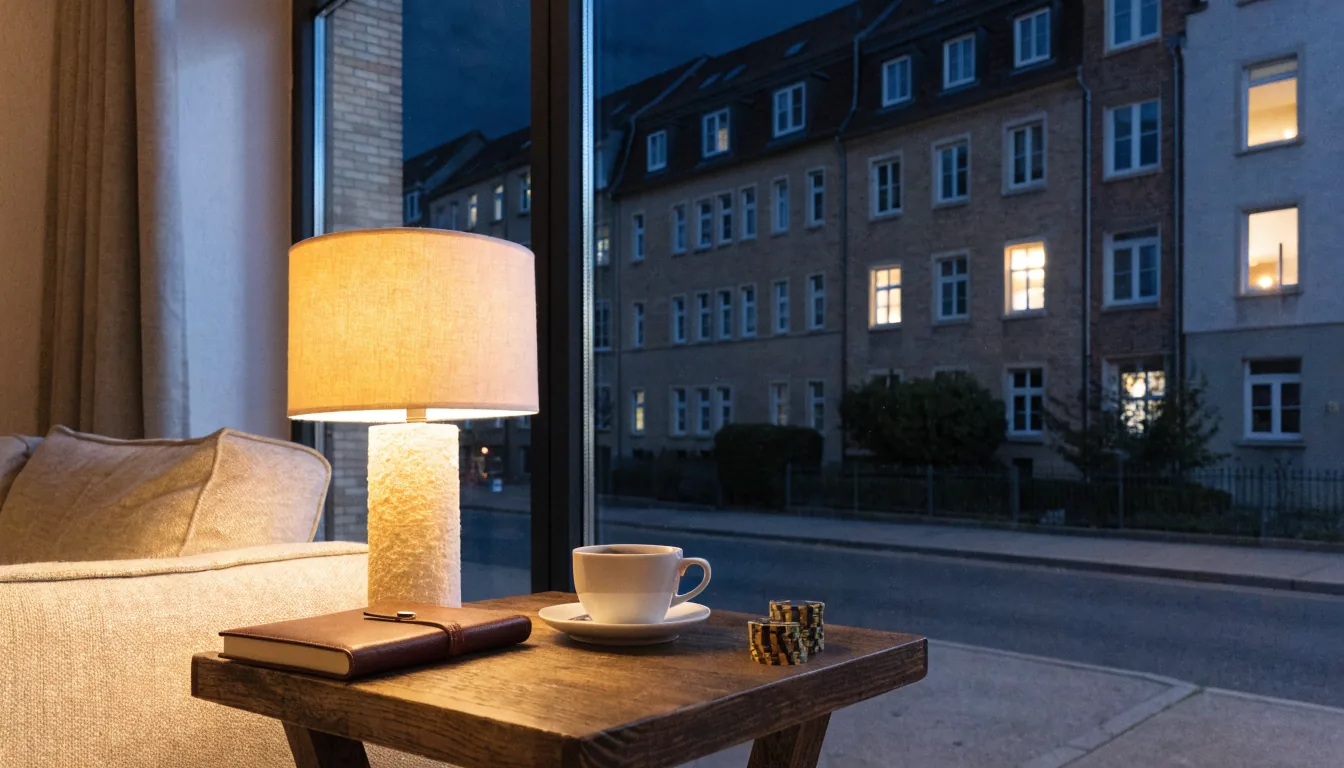 Goldene Casino-Chips auf einem Holztisch in einem deutschen Wohnzimmer bei warmem Lampenlicht.