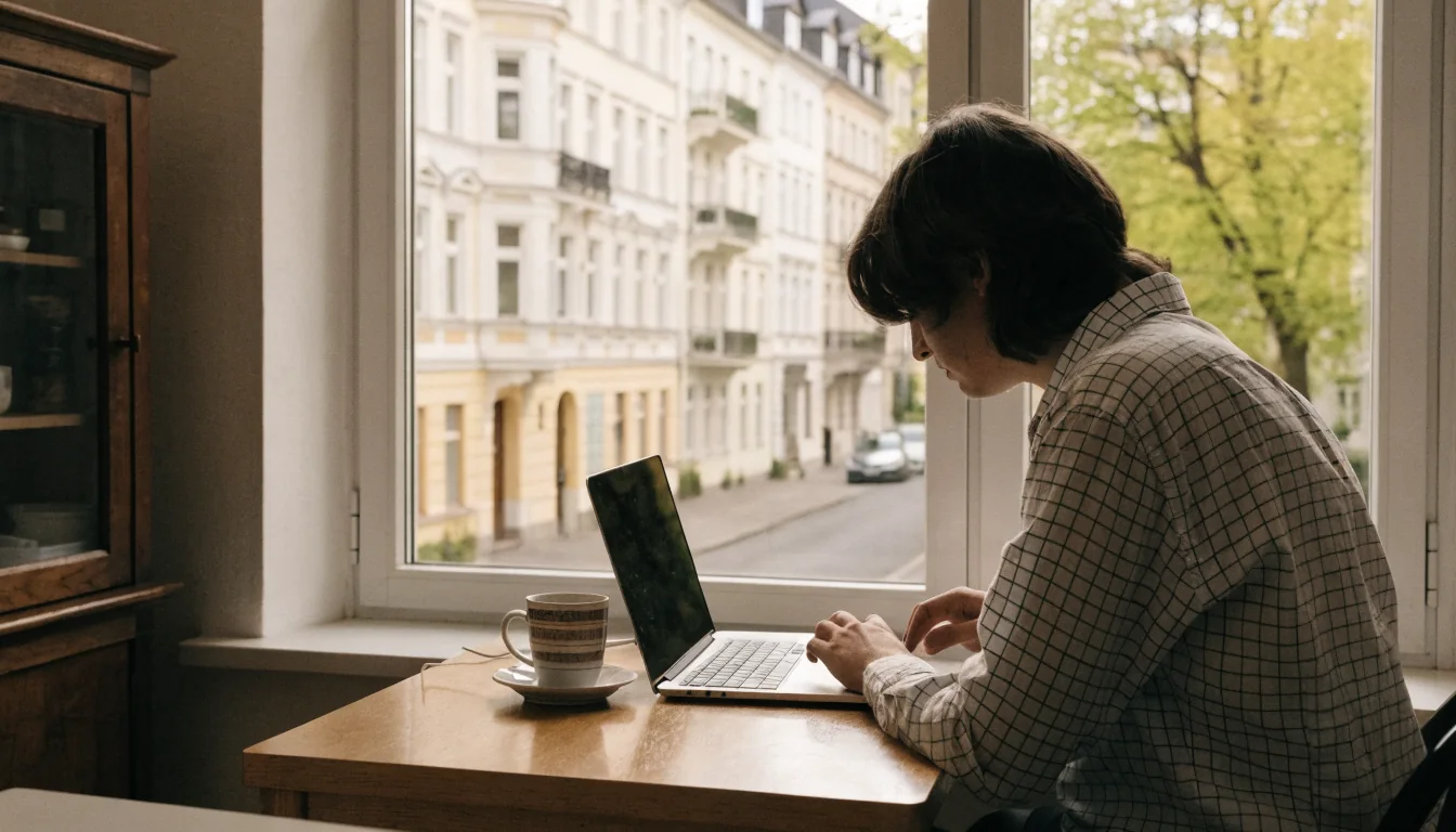 Person registriert sich am Laptop mit Kaffeetasse, deutsche Altbau-Wohnung