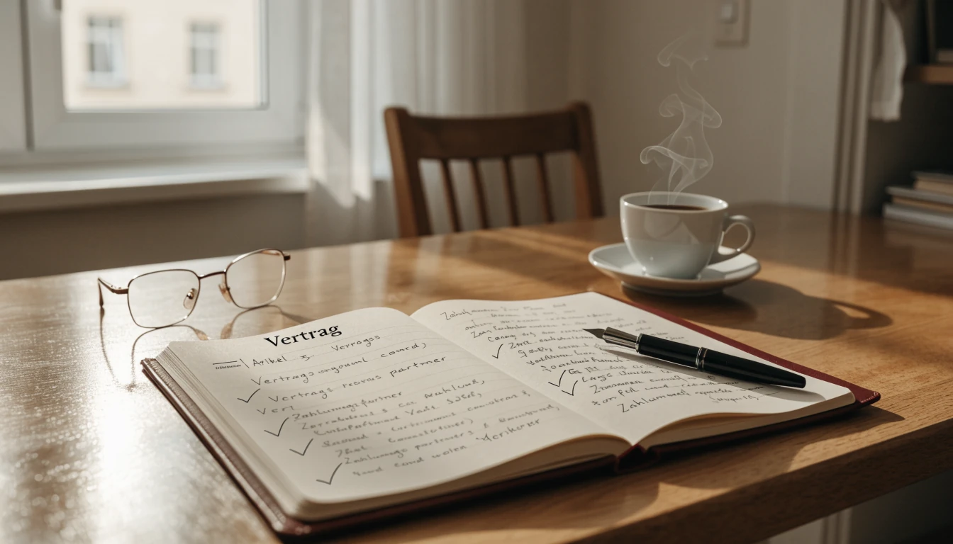 Schreibtisch mit aufgeschlagenem Notizbuch, Füllfederhalter, Lesebrille und Kaffeetasse bei Tageslicht.