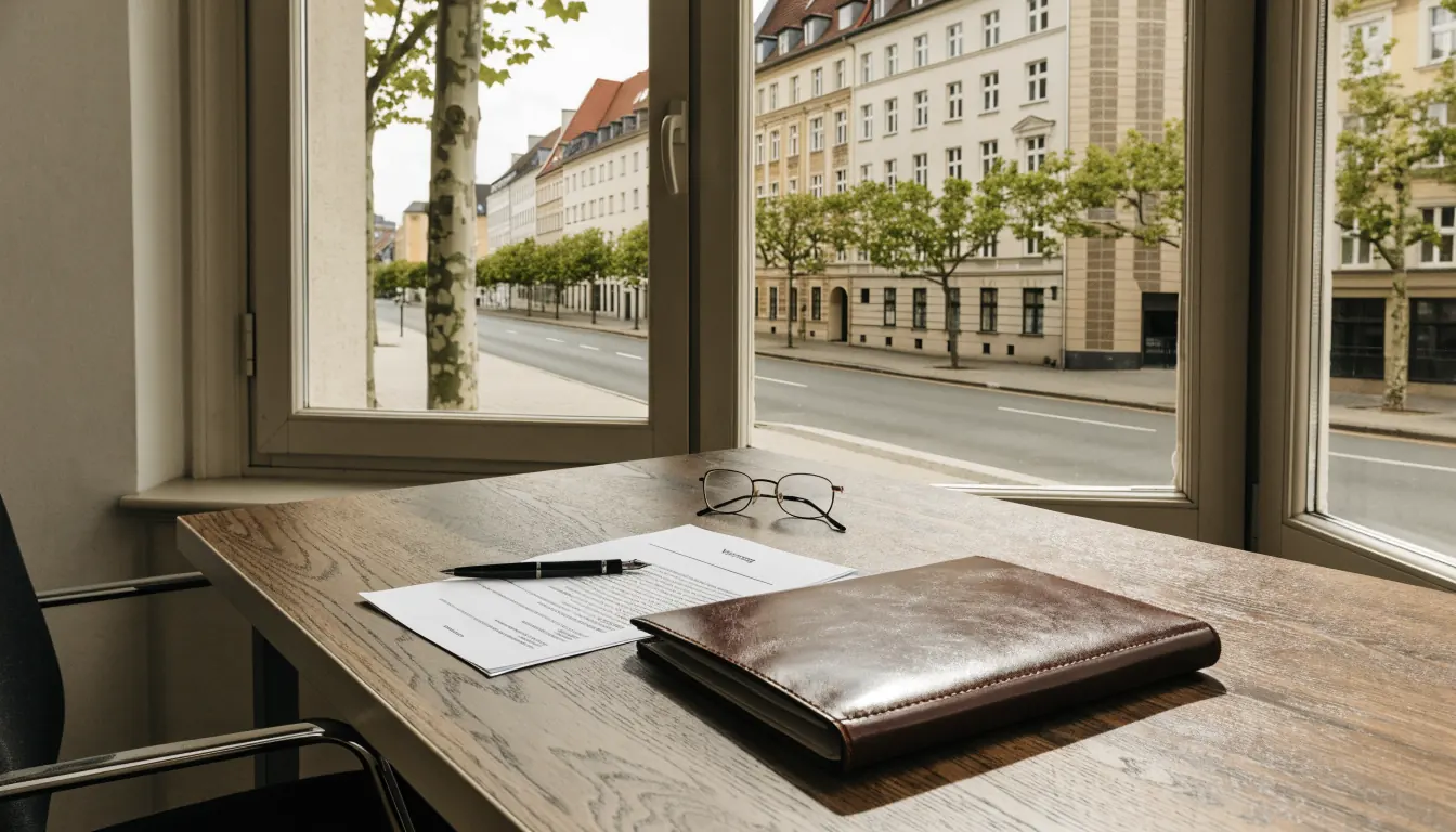 Schreibtisch mit Vertrag, Kugelschreiber und Lesebrille am Fenster.