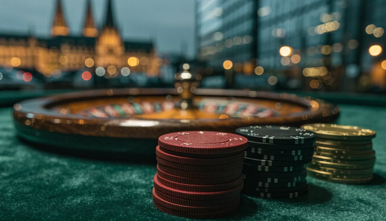 Gestapelte Casino-Chips und Roulette-Rad auf grünem Filz vor verschwommener deutscher Stadtsilhouette bei Nacht.