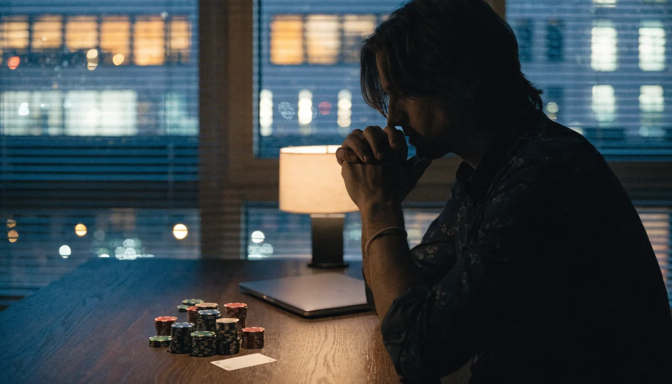 Nächtliche Szene in einer deutschen Wohnung mit Casino-Chips und geschlossenem Laptop