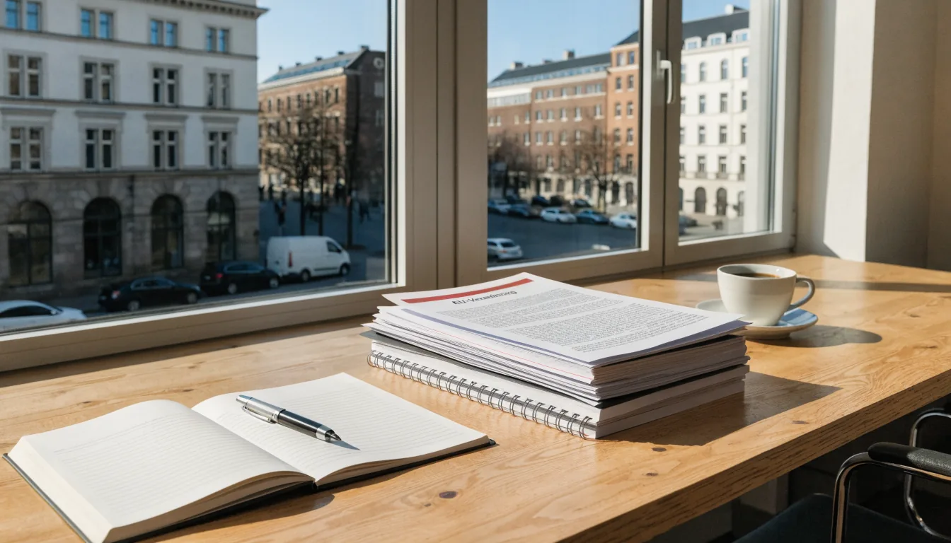 Redaktionsarbeitsplatz in einem Berliner Büro mit Unterlagen und Notizbuch auf dem Schreibtisch.